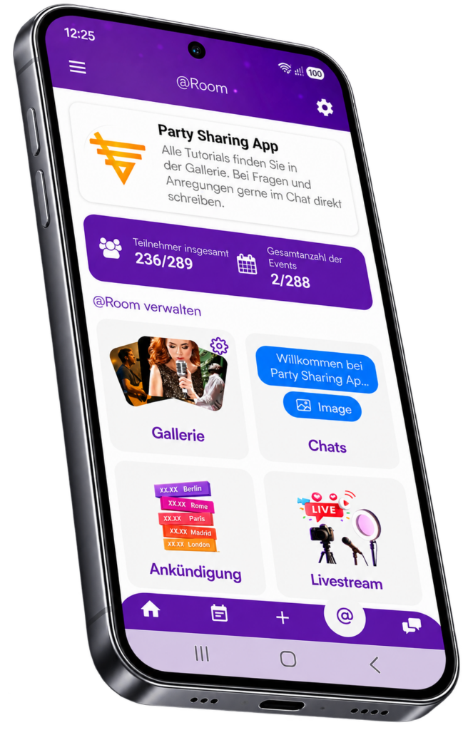 Party Sharing App Room feature showing interactive shared event gallery and attendee photo stream