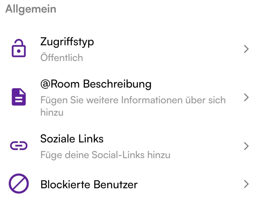Party Sharing App room settings step 1 interface showing event room details and access configuration