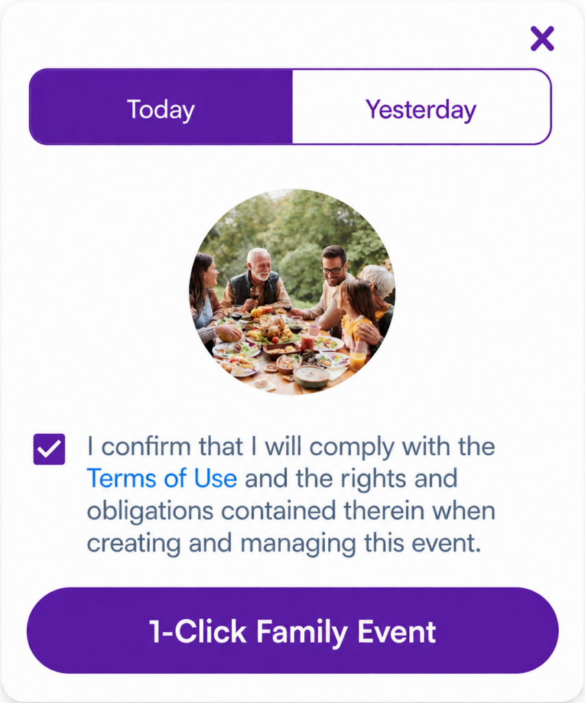 Party Sharing App 1-Click Family Event popup card with terms confirmation and date selection