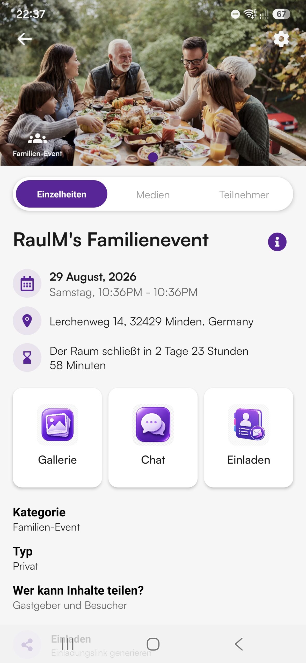 Party Sharing App mobile event interface for RaulM's Familienevent showing date, location in Minden Germany, countdown, and gallery chat buttons