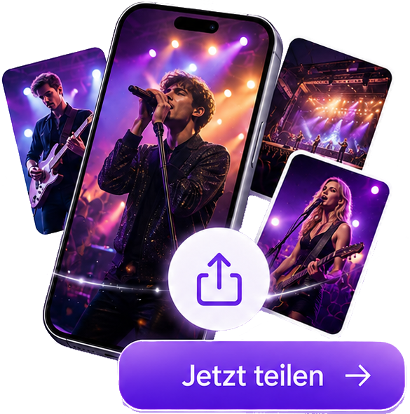 Party Sharing App Share Gallery promotional banner showing smartphone live concert photos with Jetzt teilen button