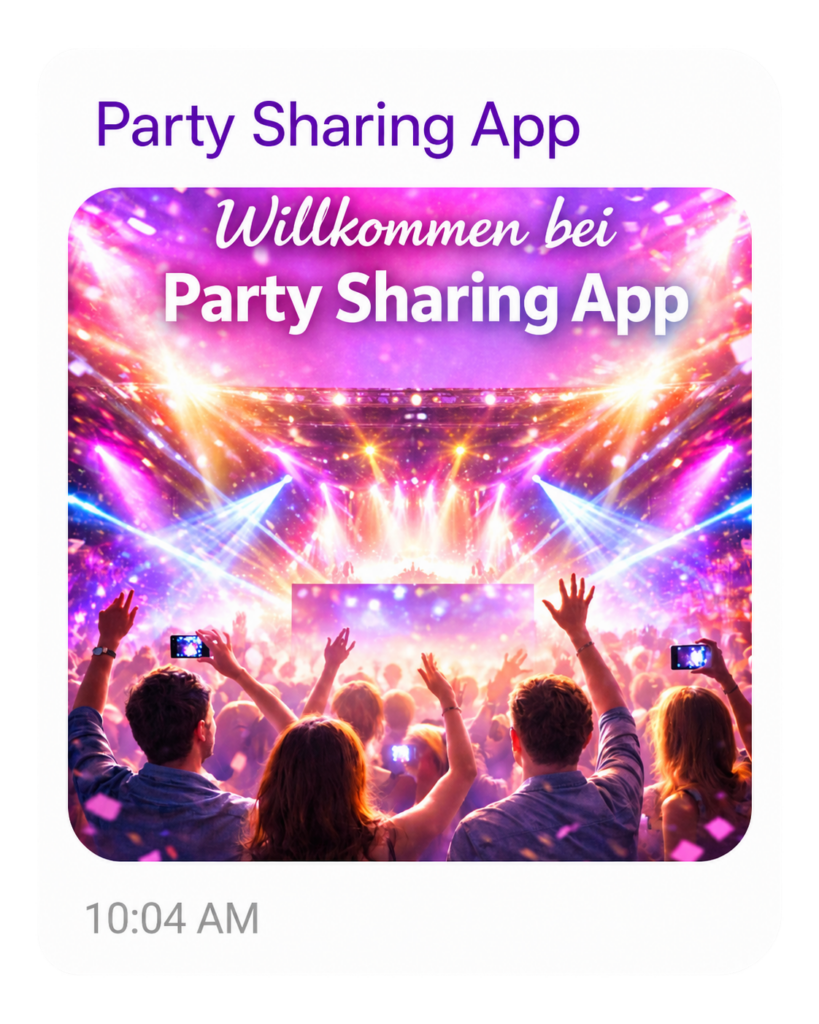 Party Sharing App chat room message screen displaying initial welcome instructions and event conversation feed