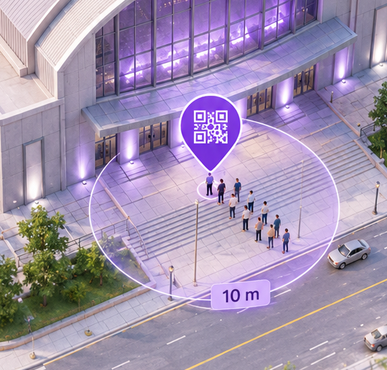 Party Sharing App QR code check-in point graphic illustrating geofenced venue entry for a public event
