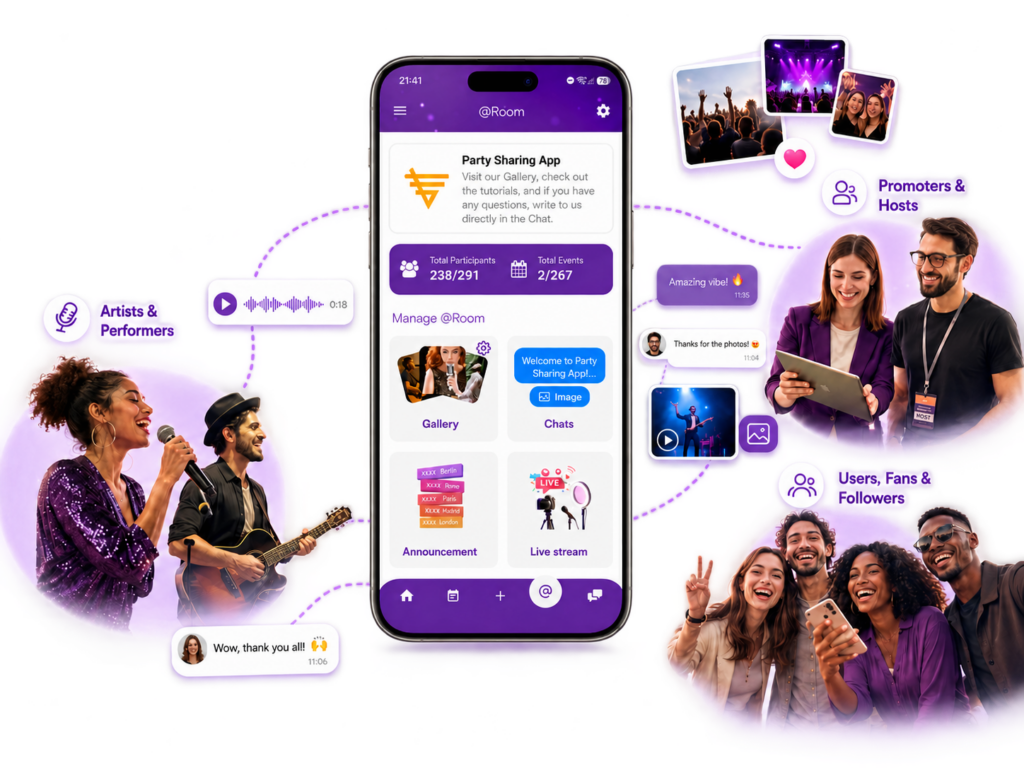 Party Sharing App community feature showcase illustrating user connection and live event interaction