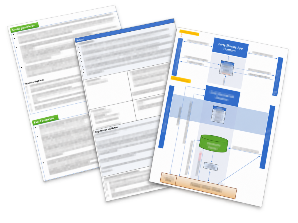 Technical architecture diagram and functional specification documents for Party Sharing App platform