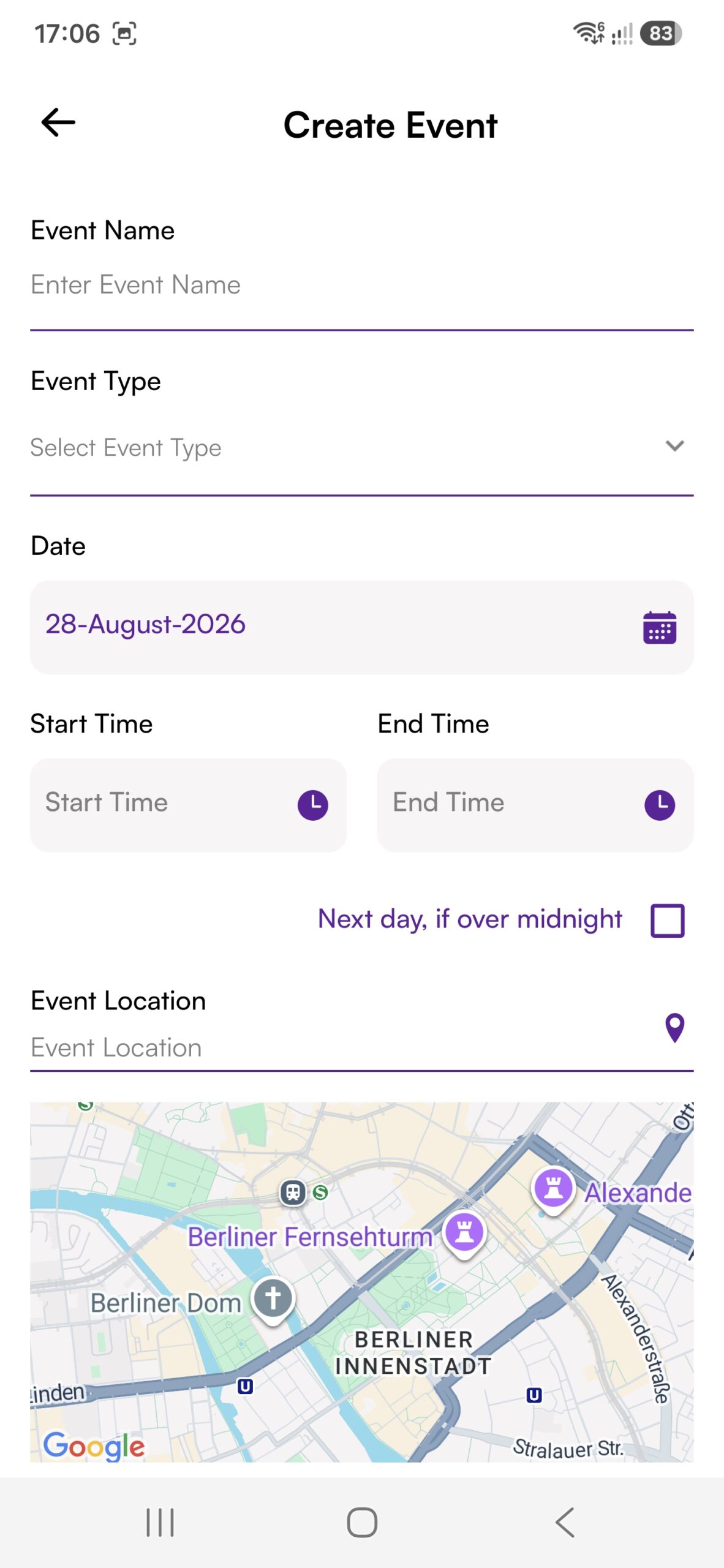 Party Sharing App mobile UI showing private event creation flow with date location and guest settings