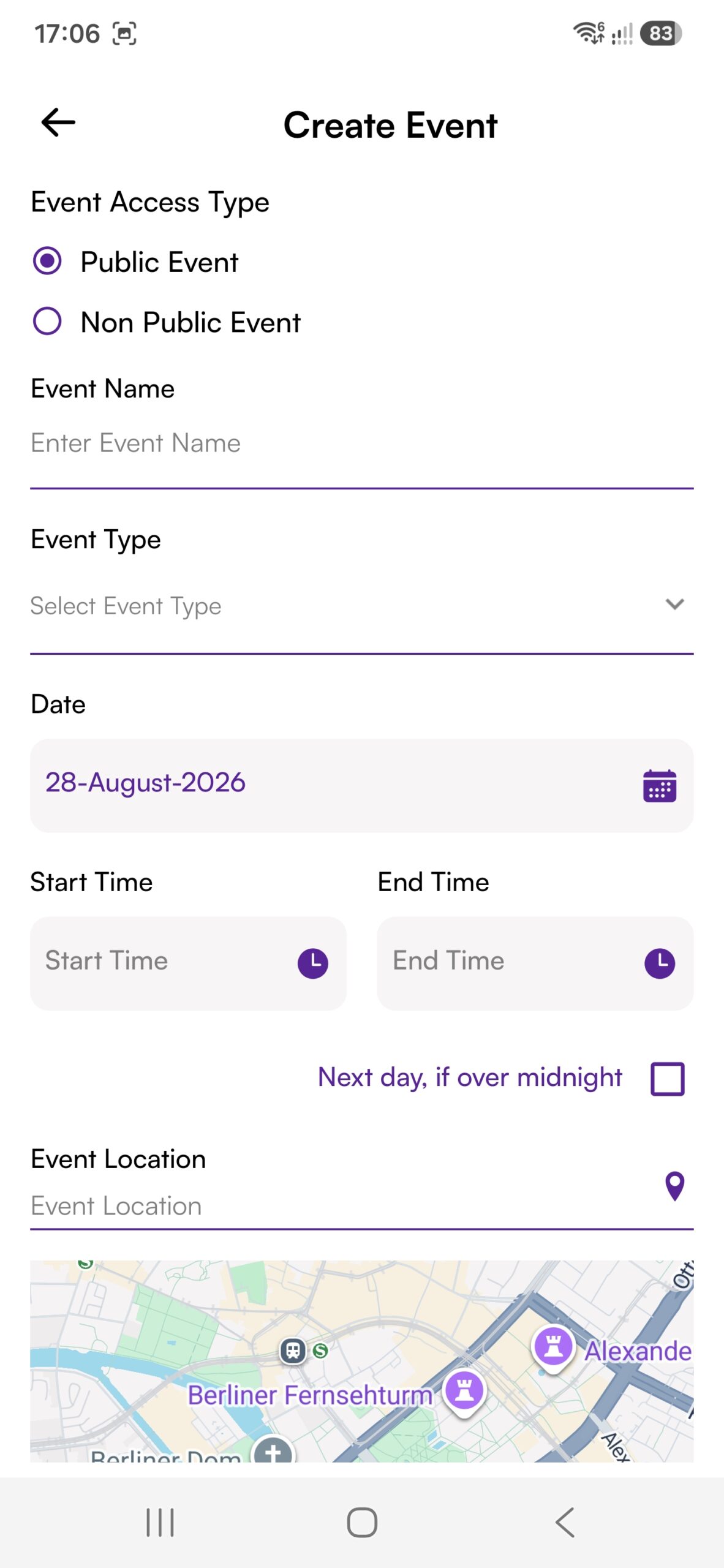 Party Sharing App mobile UI showing create public event form with ticketing GPS location and category settings