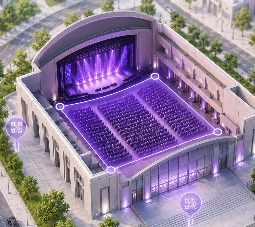 3D architectural cutaway model of a concert hall with purple geofenced event area and QR check-in points