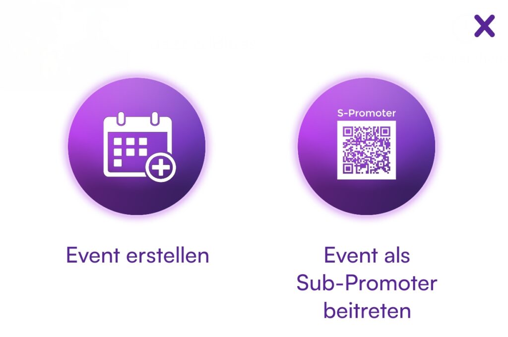 Party Sharing App event creation menu showing Event erstellen and Event als Sub-Promoter beitreten options