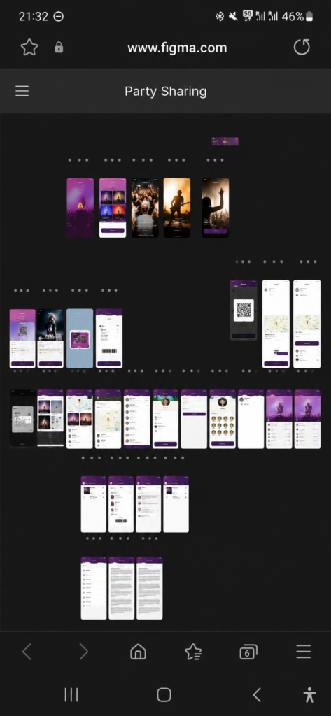 Figma mobile app UI design board showcasing dark theme user interface screens for Party Sharing App