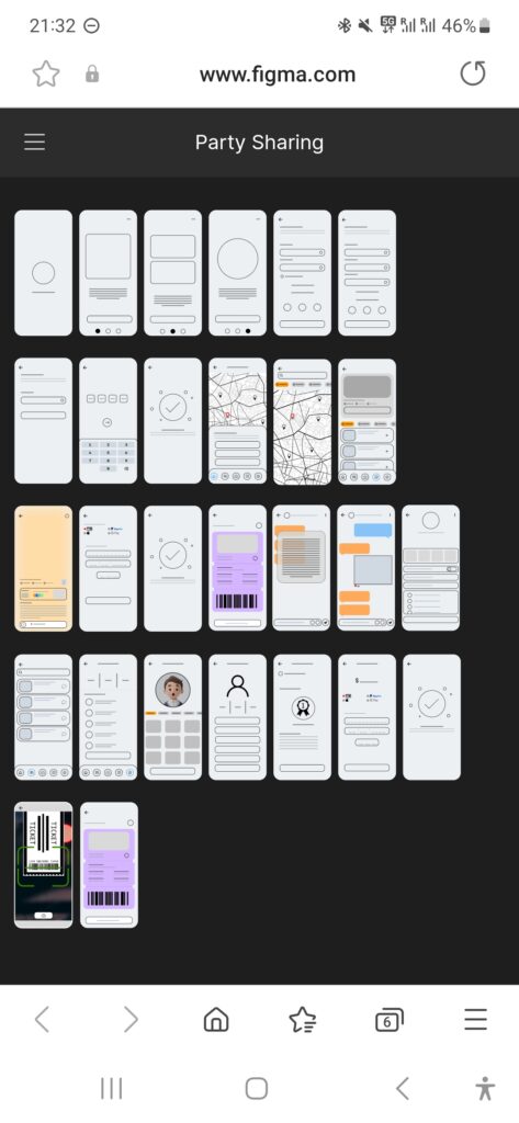 Figma mobile UI UX wireframes and user flow screens for Party Sharing App concept