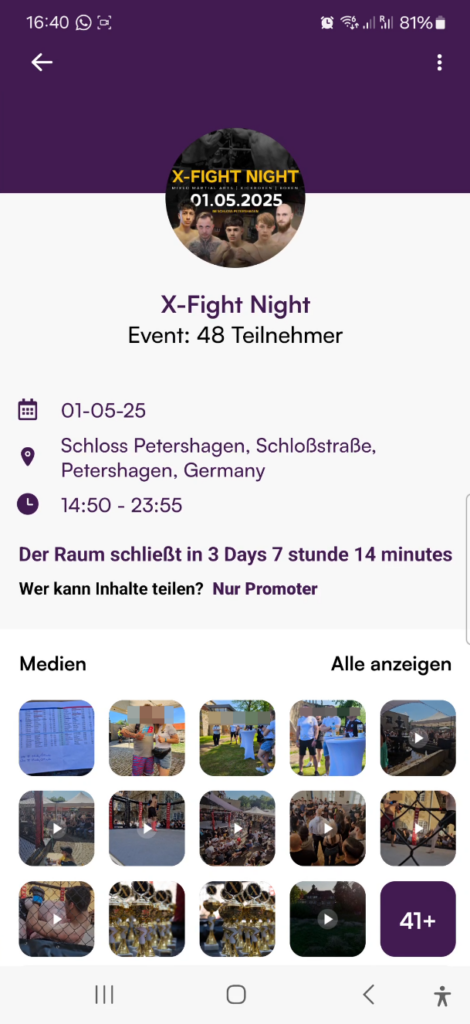 Party Sharing App event room interface for X-Fight Night showing event schedule, attendee count, and media gallery