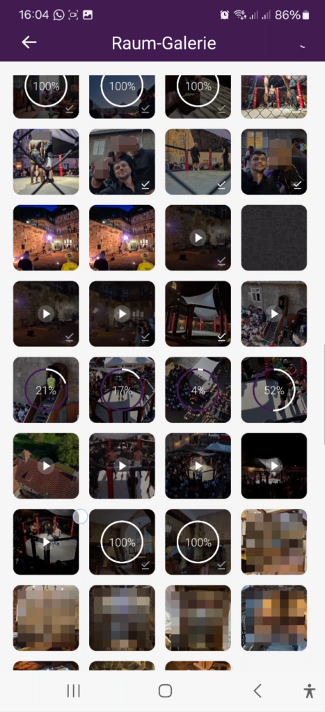Mobile app Raum Galerie screen showing live event photo uploads, media grid, and progress indicators
