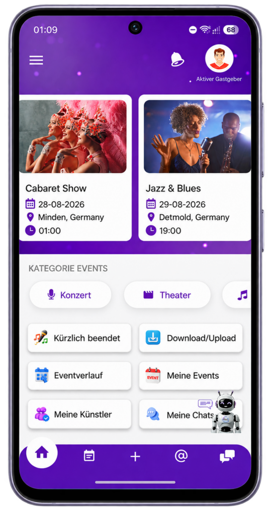 Party Sharing App mobile home screen showing key feature navigation, shared albums, and party access tools