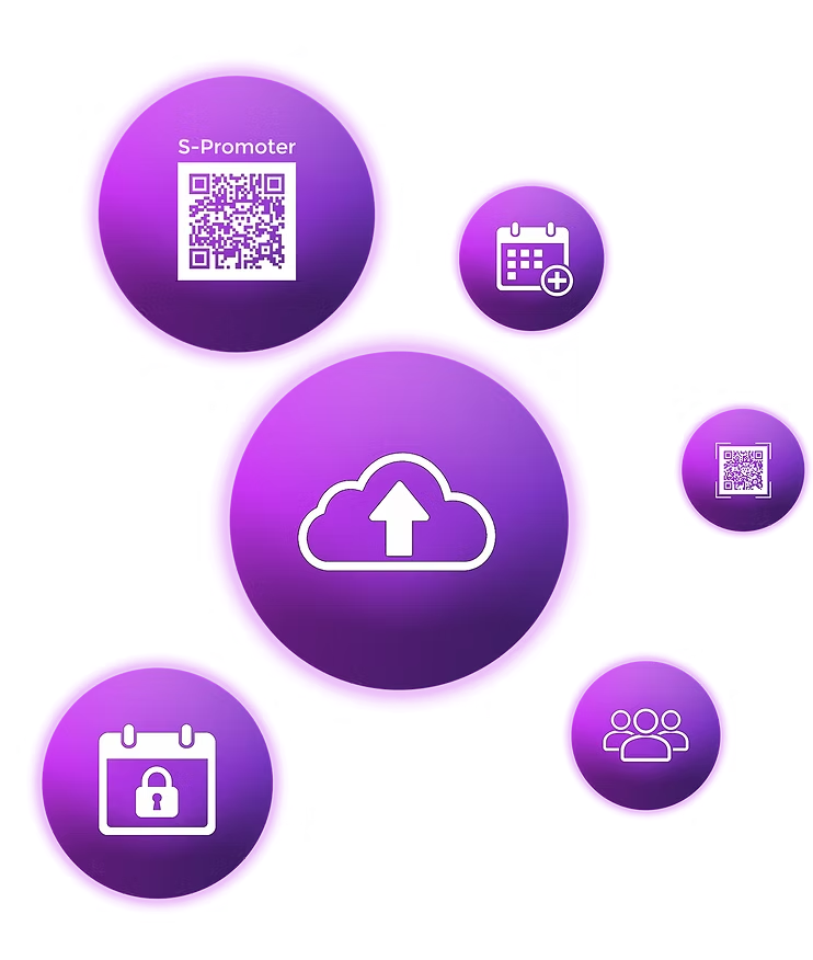Purple circular icons illustrating PSA party sharing app features including cloud upload, QR code scanner, schedule, and guest access