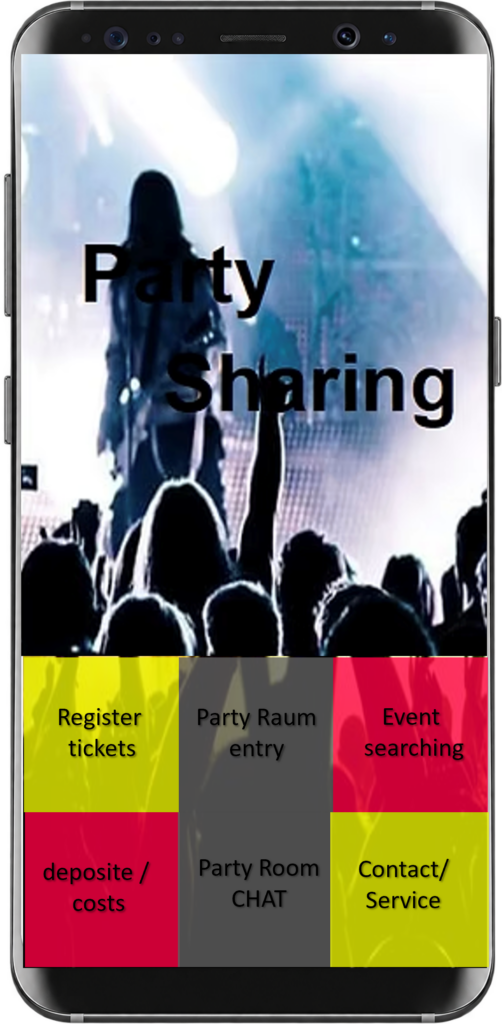 Party Sharing early mobile app home screen concept displaying ticket registration, party room entry, and chat options