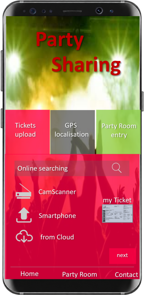 Party Sharing early mobile app mockup showing ticket upload, GPS localization, and party room entry features