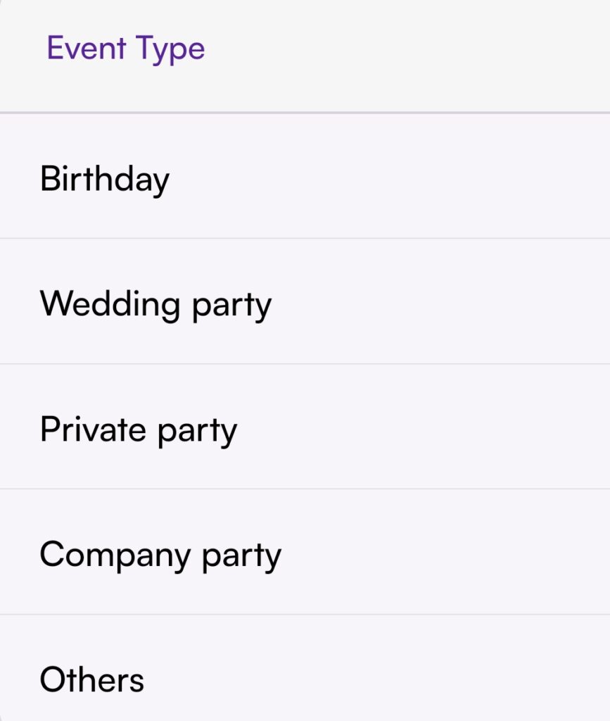 Party Sharing App private event types selection screen listing Birthday Wedding party Private party Company party and Others