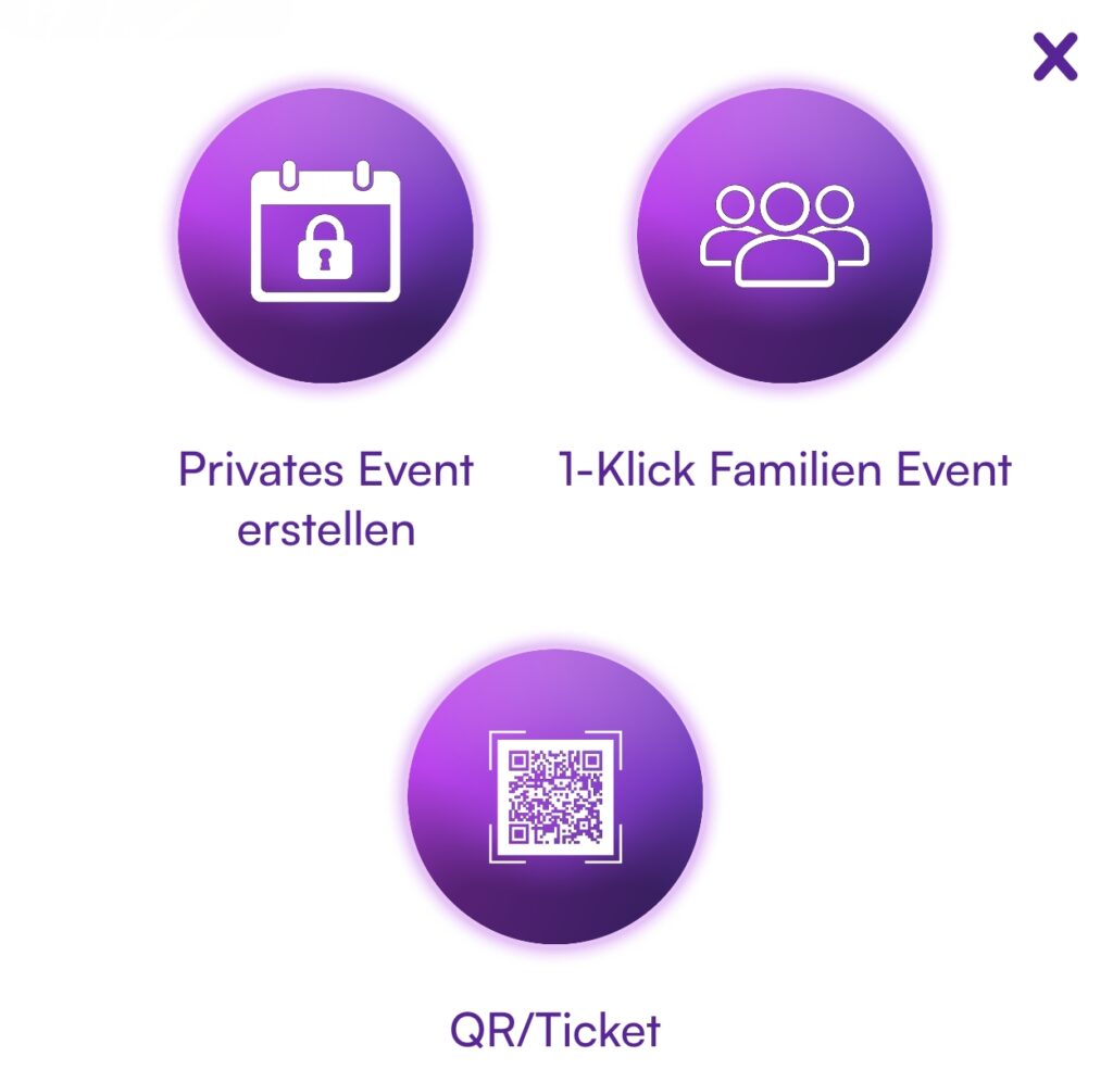 Party Sharing App event creation menu showing Privates Event erstellen, 1-Klick Familien Event, and QR Ticket options