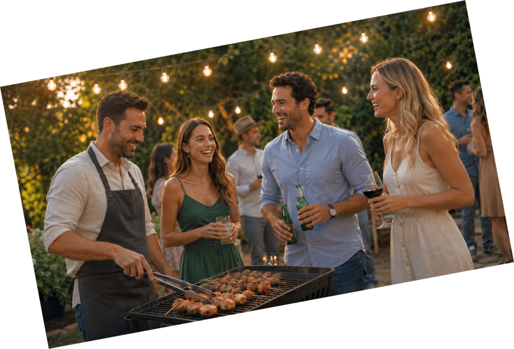 Group of smiling friends enjoying outdoor garden barbecue grill party and drinks at night