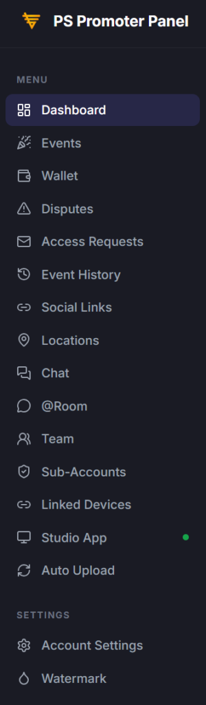 PS Promoter Panel navigation sidebar displaying dashboard options including events wallet disputes and settings