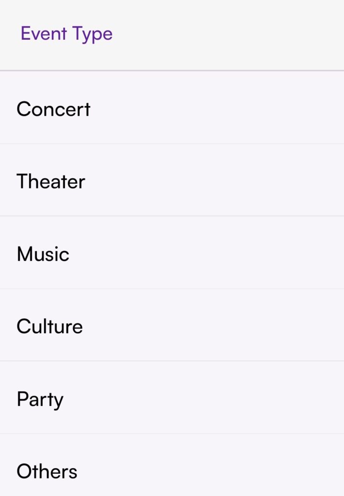 Party Sharing App public event category selection screen showing event type options for public gatherings and concerts