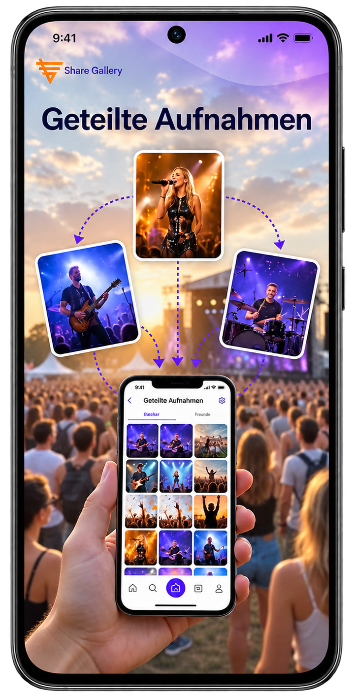 Party Sharing App Share Gallery interface showing Geteilte Aufnahmen with live concert photo and video aggregation on smartphone mockups