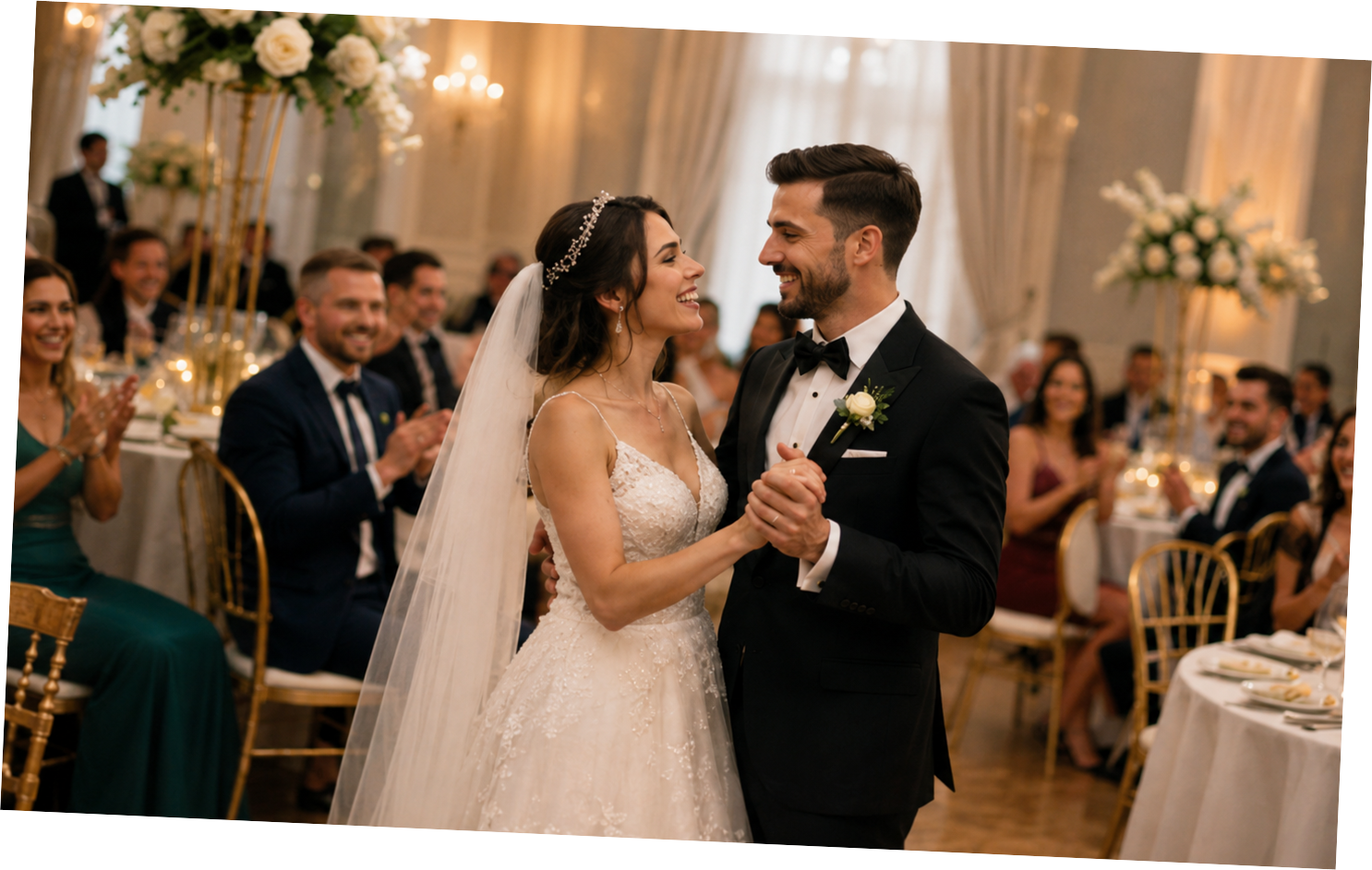 Bride and groom dancing at luxury wedding reception hall surrounded by cheering guests