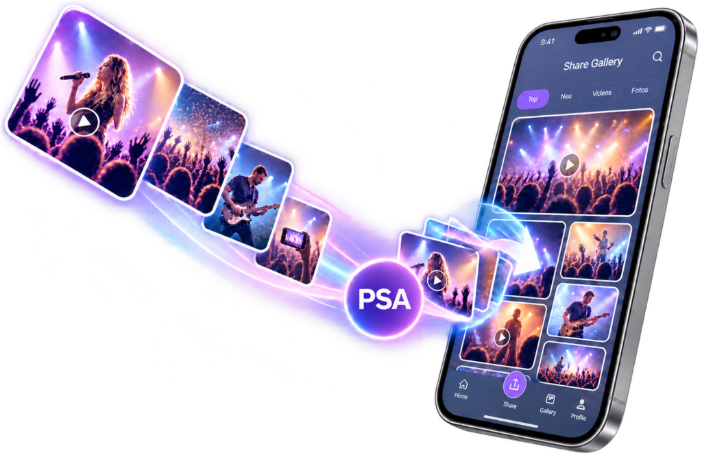Party Sharing App graphic showing concert photos and videos streaming to a mobile phone through PSA platform