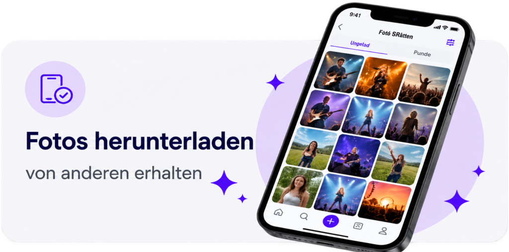 Party Sharing App media download interface displaying event photo and video downloading feature