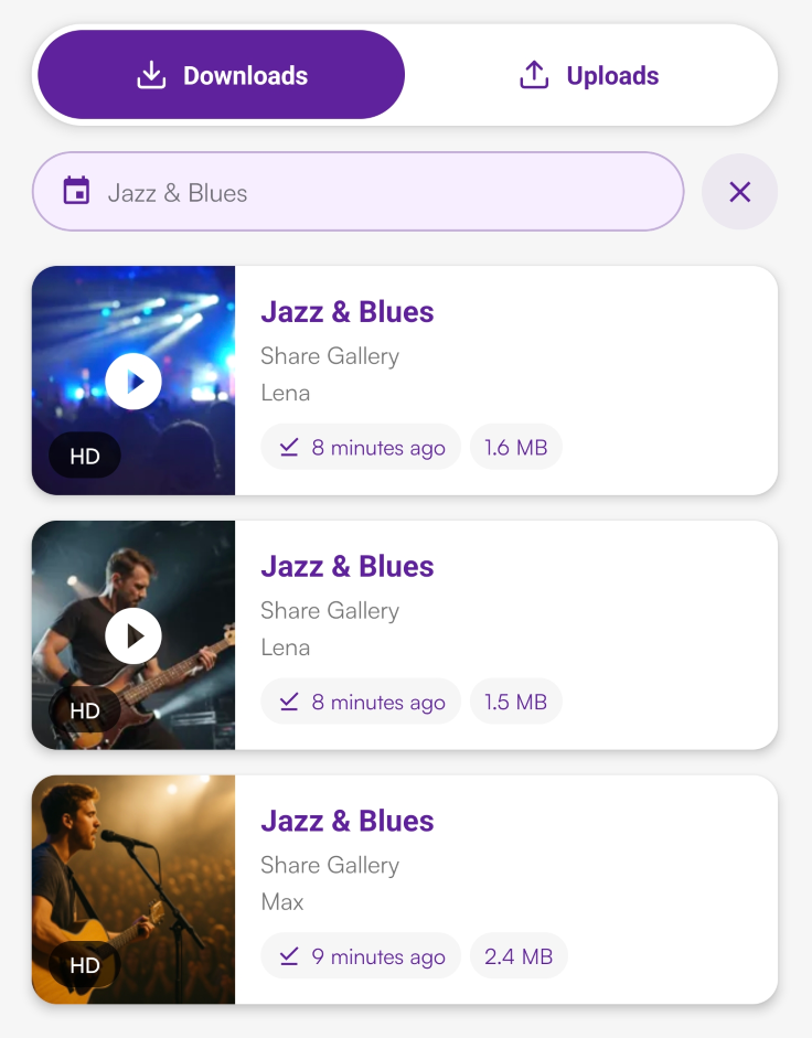 Party Sharing App media download list interface showing Jazz & Blues event video recordings and file sizes