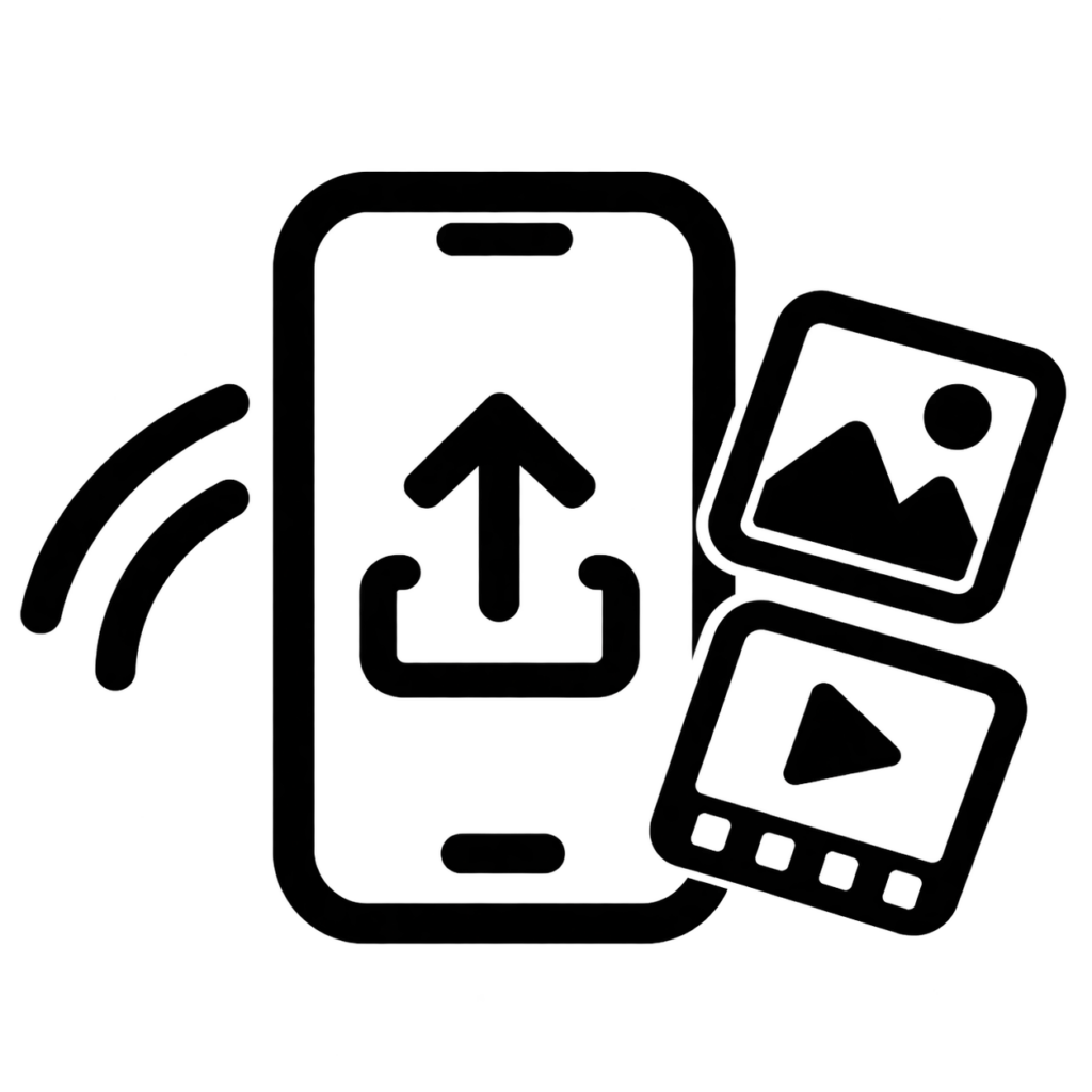 Black vector icon of a smartphone uploading photo and video files to party share gallery
