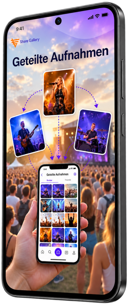 Party Sharing App Share Gallery interface showcase on mobile smartphone displaying collaborative event photo stream