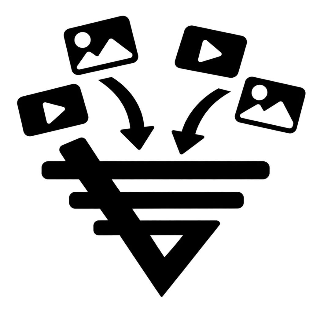 Black vector icon of photo and video media files funneling into an event gallery basket