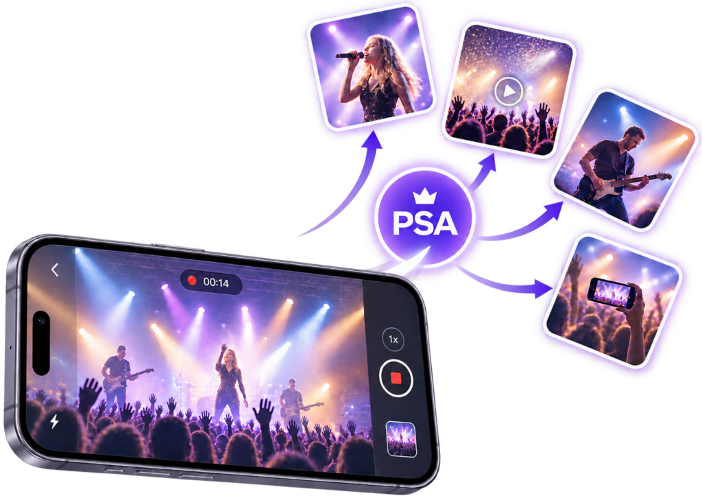 Party Sharing App media upload process illustrating concert video capture distributed via PSA cloud network