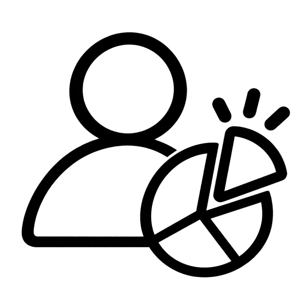 Black line icon of a user profile with a pie chart representing revenue sharing and audience distribution