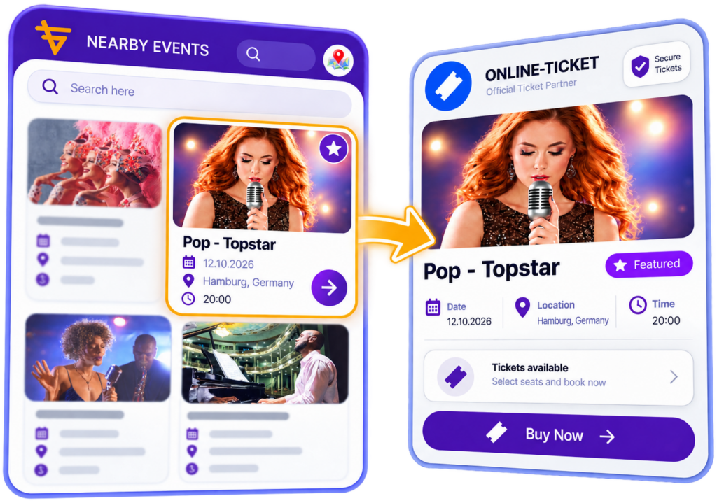 Mobile app screen displaying featured concert details and online ticket booking flow