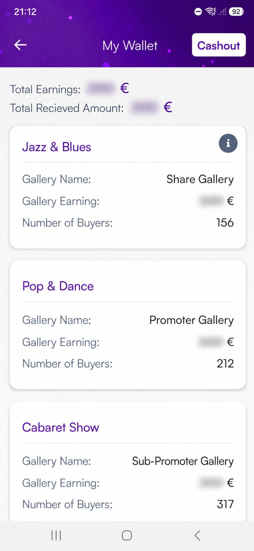 Mobile app My Wallet interface displaying total earnings, cashout option, and event gallery revenue