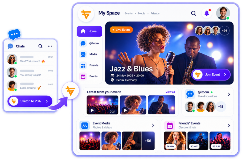 Social chat app switching to PSA My Space event dashboard with live music stream and media feed